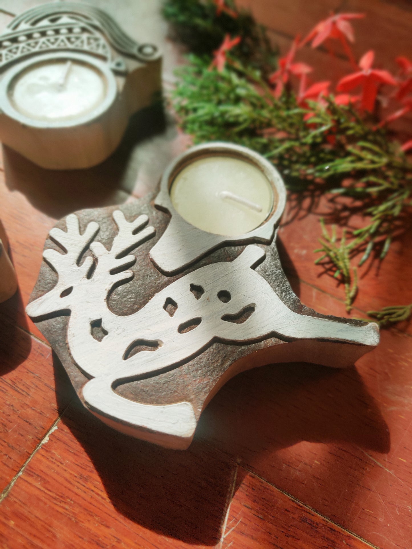 Handcrafted Wooden Christmas Tea Light Candle Holder - Set of 3