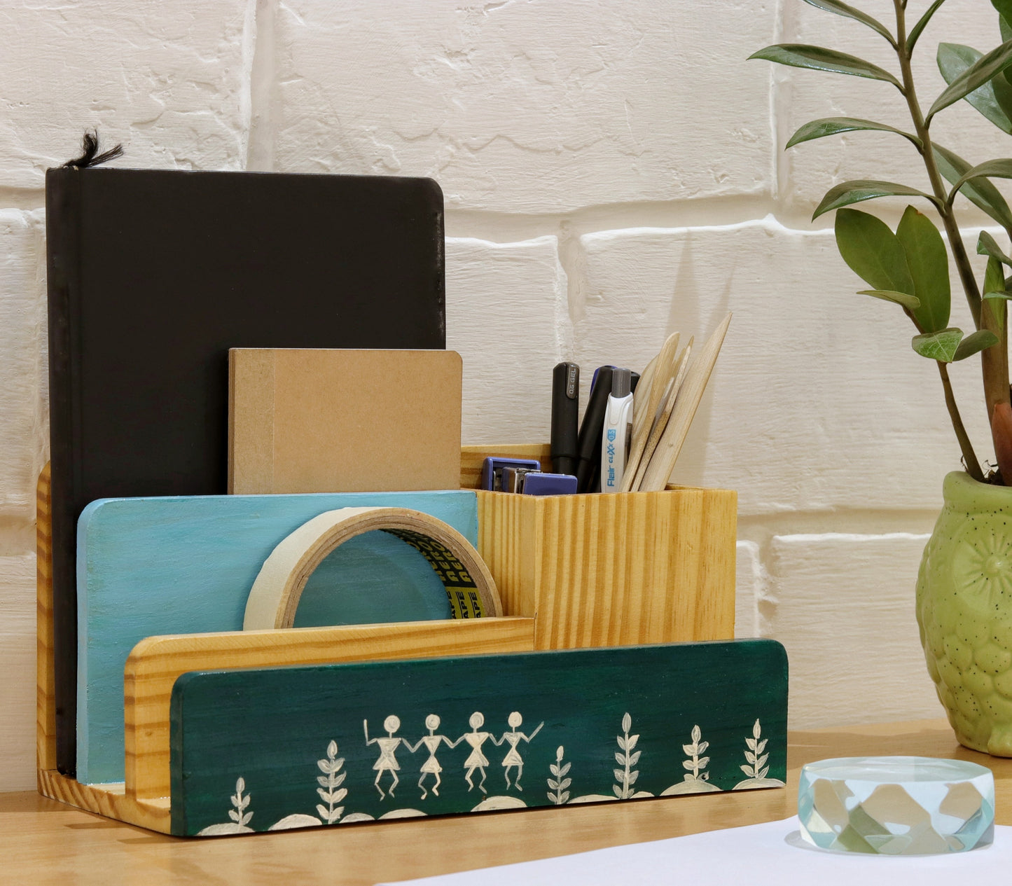 "Dancing Tribal" Hand Painted Wooden Desk Organizer