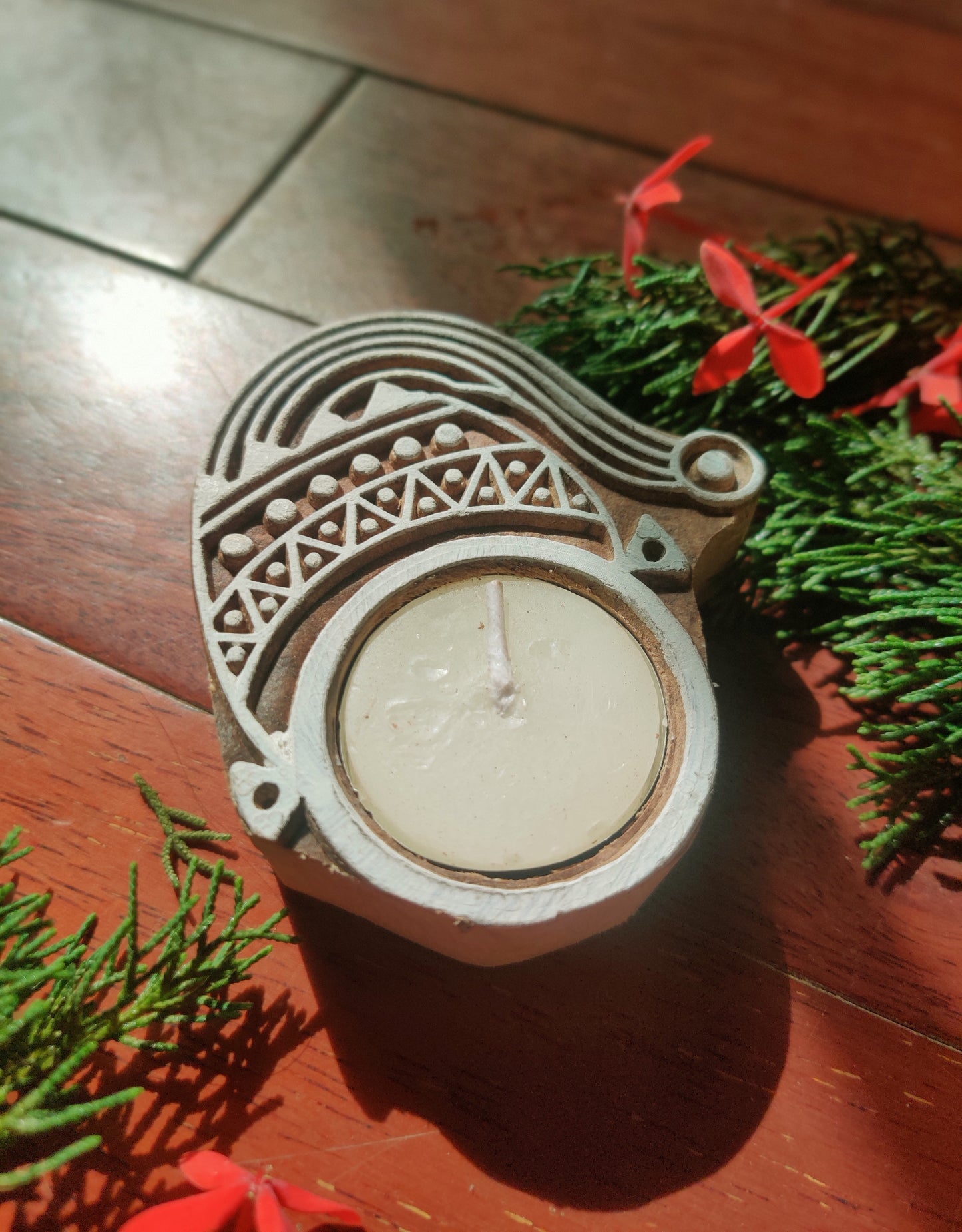 Handcrafted Wooden Christmas Tea Light Candle Holder - Set of 3