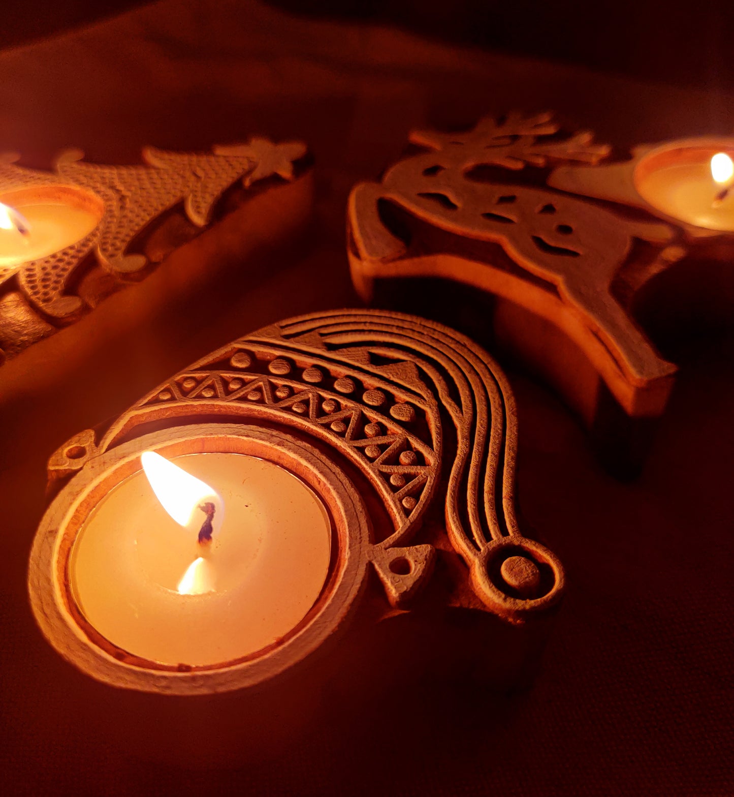 Handcrafted Wooden Christmas Tea Light Candle Holder - Set of 3