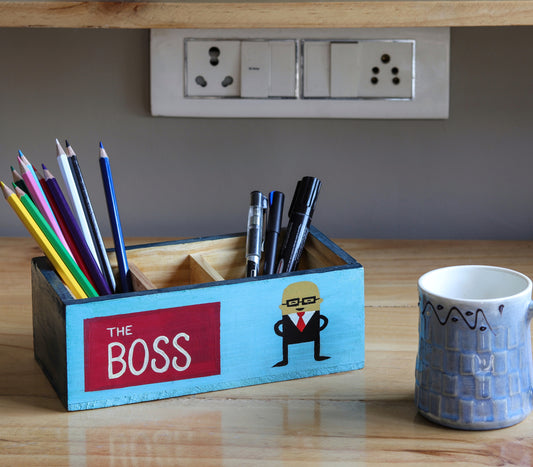 "Boss at Work" Hand Painted Wooden Desk Organizer