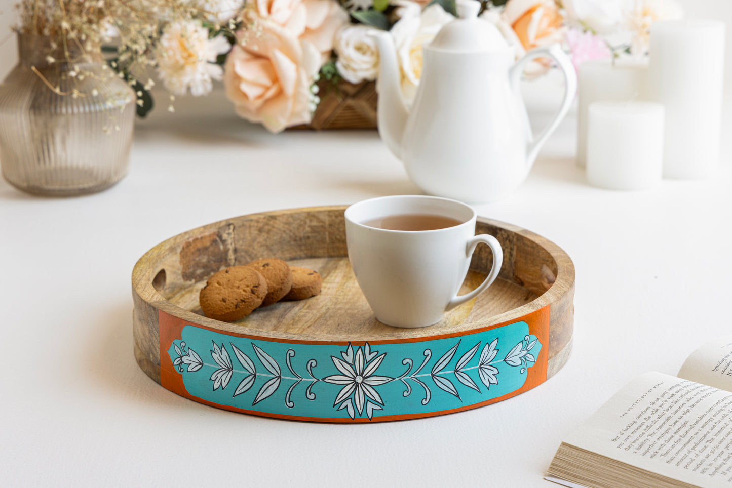 Sidhatva Hand Painted Mango Wood Serving Tray Round Shape I Size-12' I Round Shape