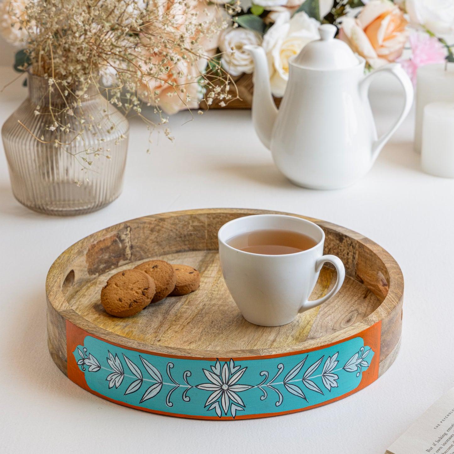 Sidhatva Hand Painted Mango Wood Serving Tray Round Shape I Size-12' I Round Shape