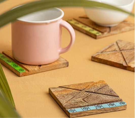 Prodigar Hand Painted Mango Wood Coasters Set of 4
