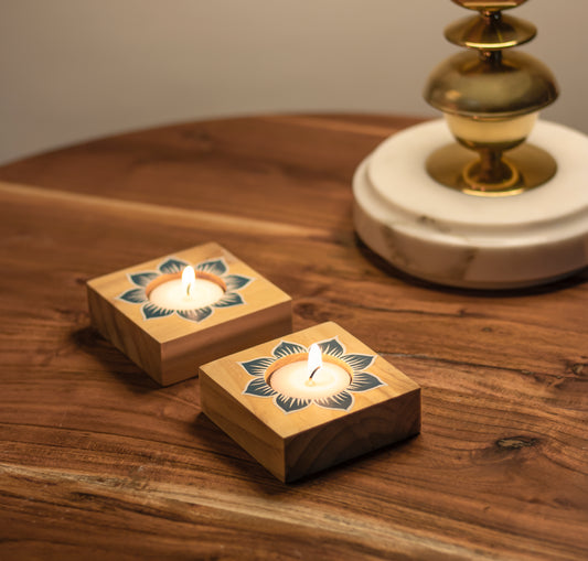 Ujiyar Pine Wood Tea-Light Holder (Set of 2)