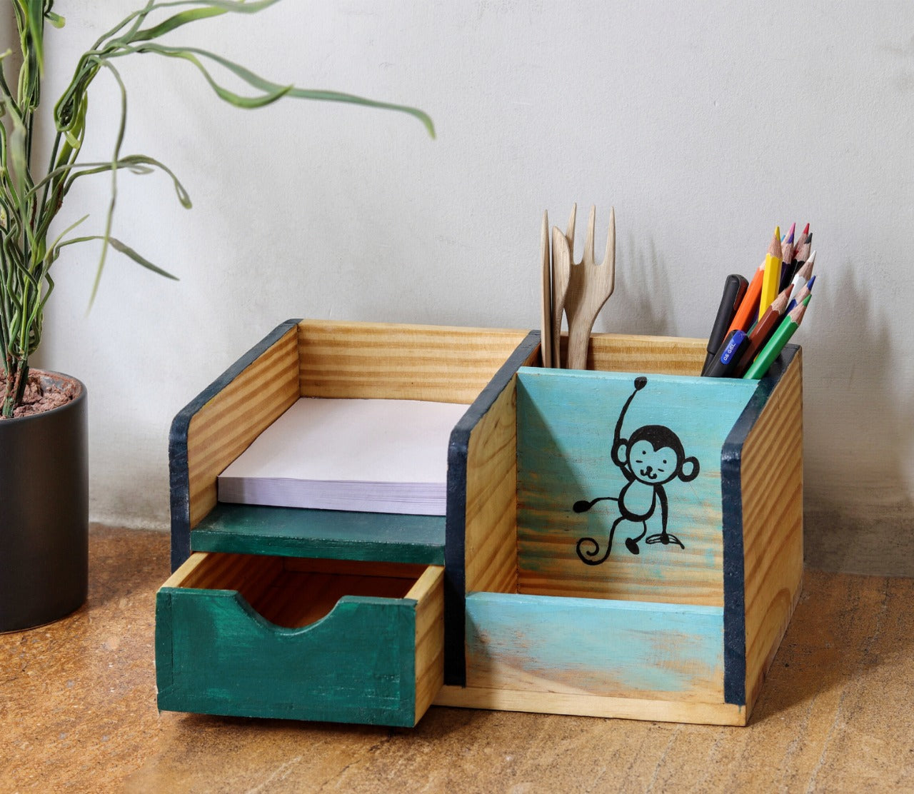 "Monkey & Banana" Hand Painted Wooden Desk Organizer