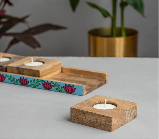 Marvy melodies Mango Wood T-Light Candle holder (3 Nos) with Stand