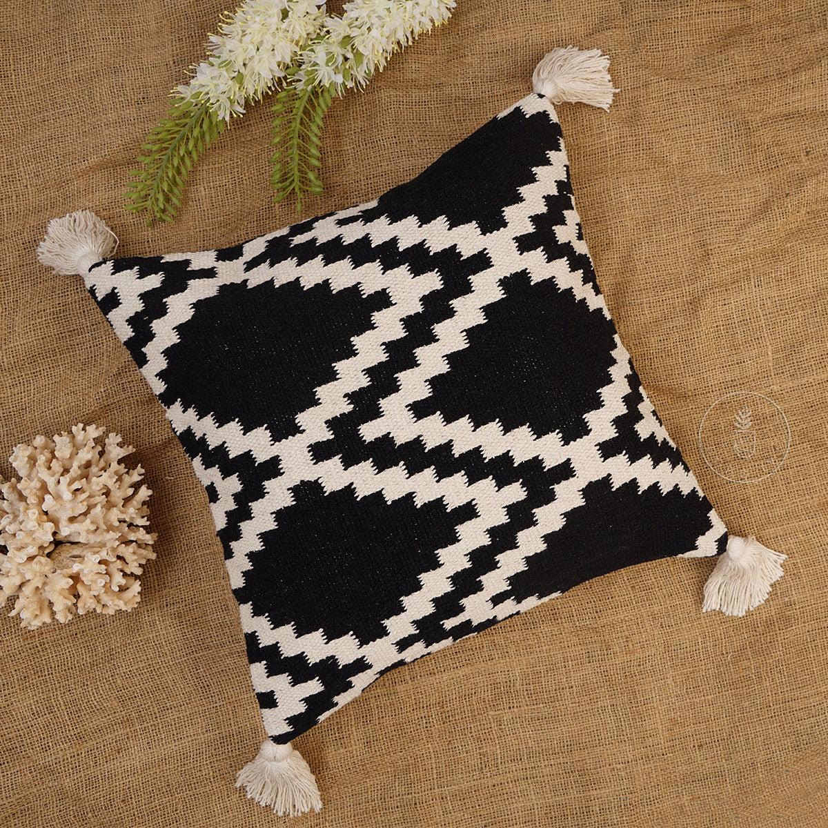 Black and Ivory Cotton Kilim Hand Loom Woven Designer Cushion Cover