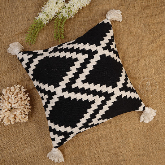 Black and Ivory Cotton Kilim Hand Loom Woven Designer Cushion Cover