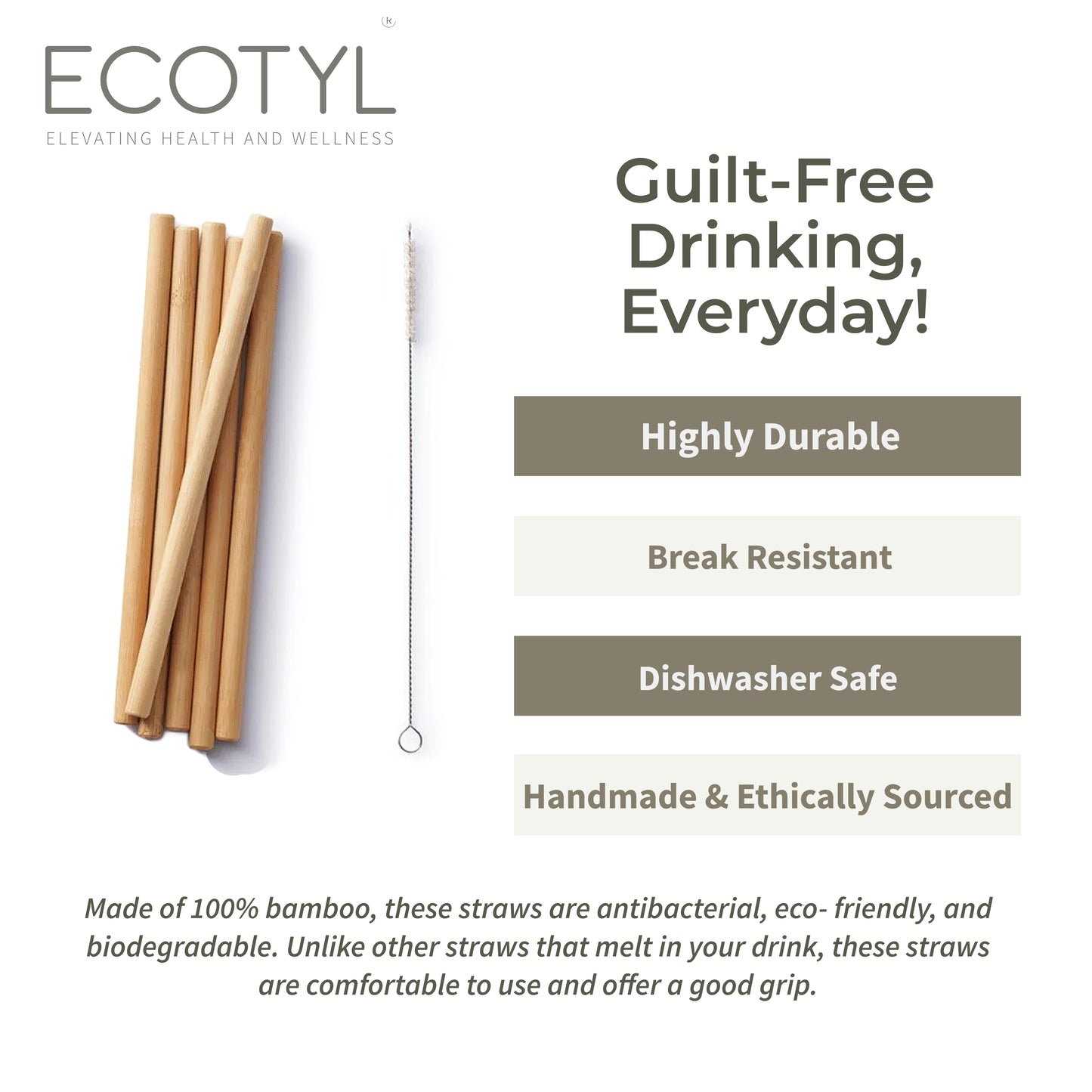 Bamboo Straws with Cleaning Brush | Set of 6 | Reusable Straws