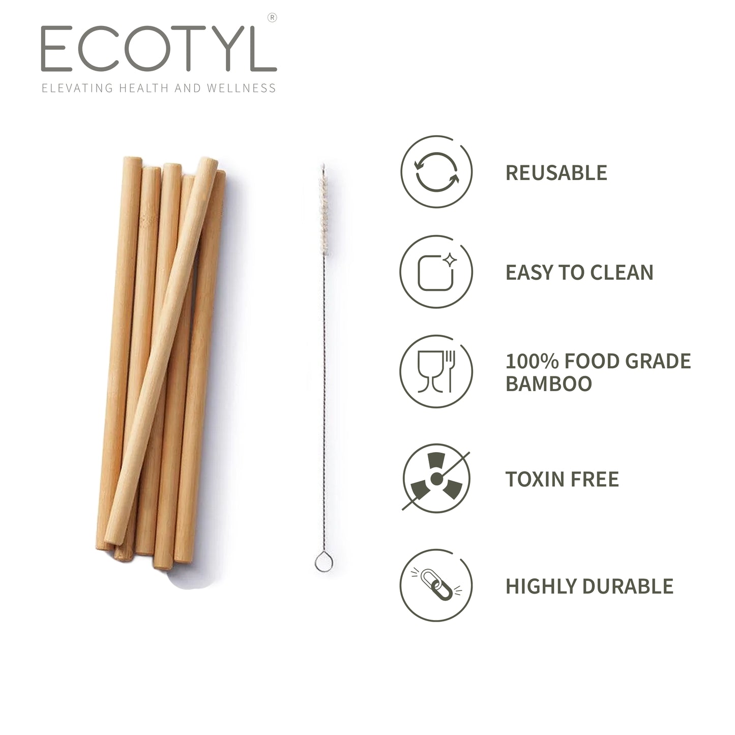 Bamboo Straws with Cleaning Brush | Set of 6 | Reusable Straws