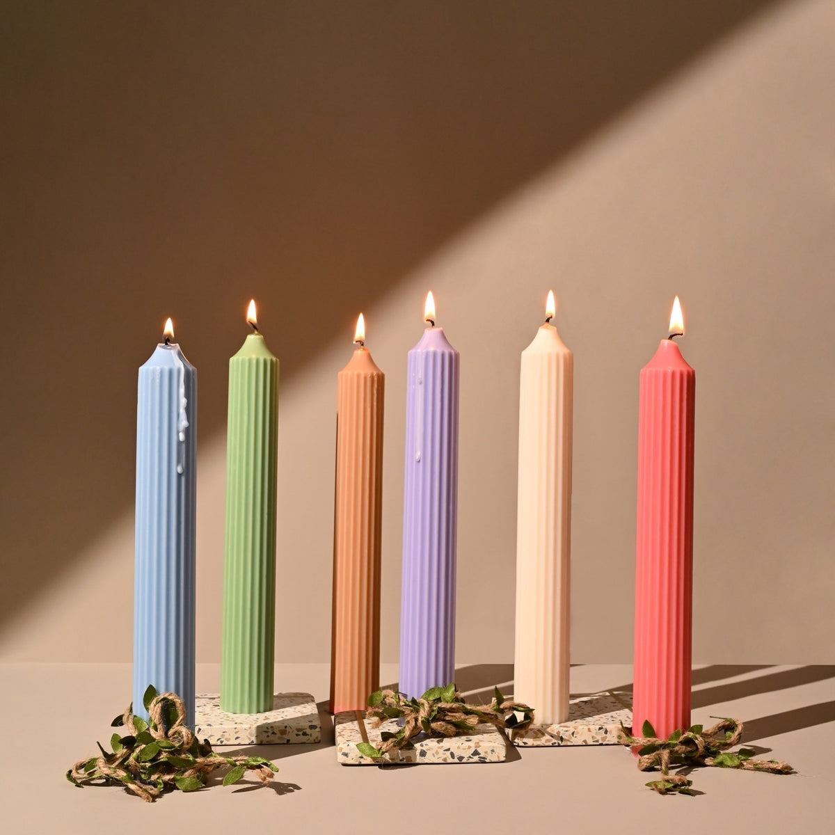 Ribbed Tall Candles | Unscented Soy wax | Available in assorted Colors | Set of 2