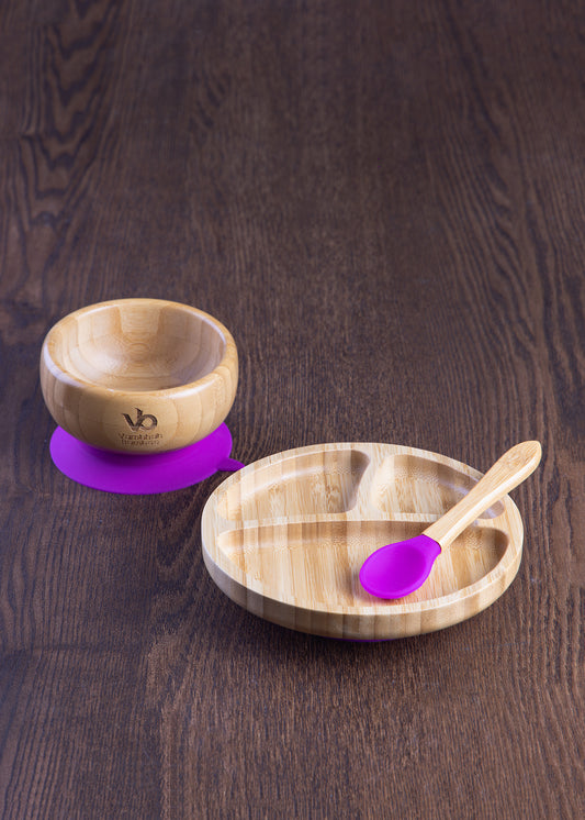 Bamboo Eco Friendly Suction Bowl + Plate Set with Spoon