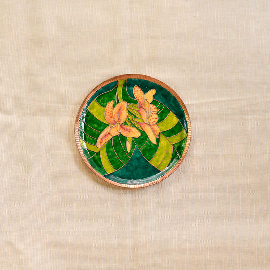 Copper Enamel Wall Plate "Gardens of Vishwakarma, Greens - Canna"