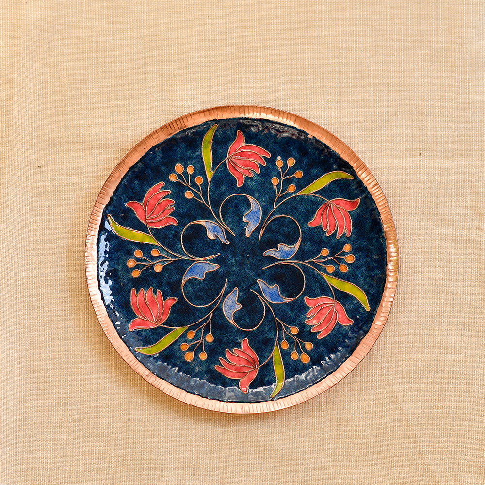 Copper Enamel Wall Plate "Blue Swirling lotus"