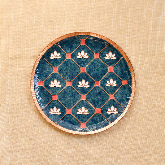 Copper Enamel Wall Plate  "Green Lotus in a Jali"