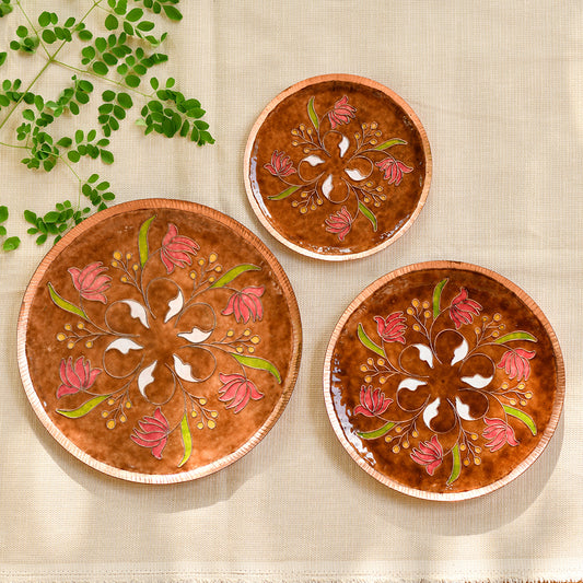 Copper Enamel Wall Plate "Brown Swirling Lotus"