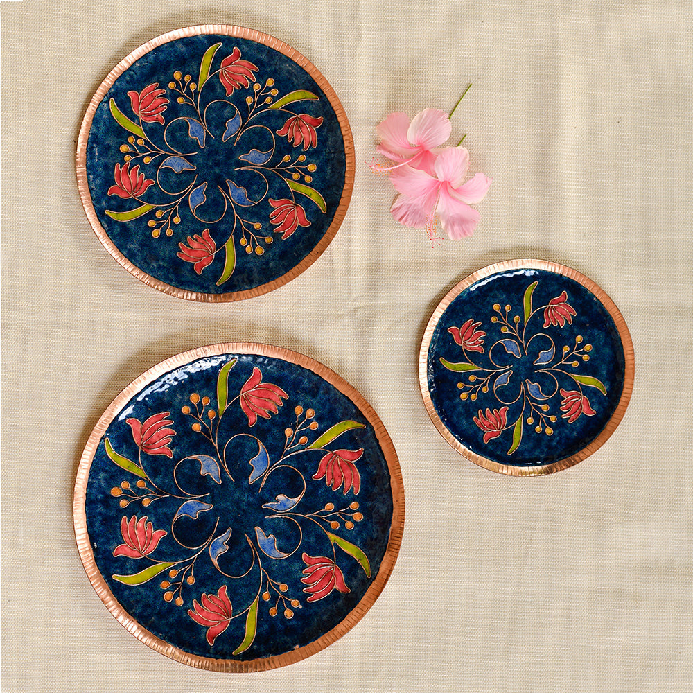 Copper Enamel Wall Plate "Blue Swirling lotus"