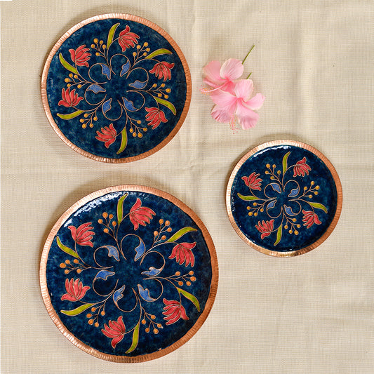 Copper Enamel Wall Plate "Blue Swirling lotus"