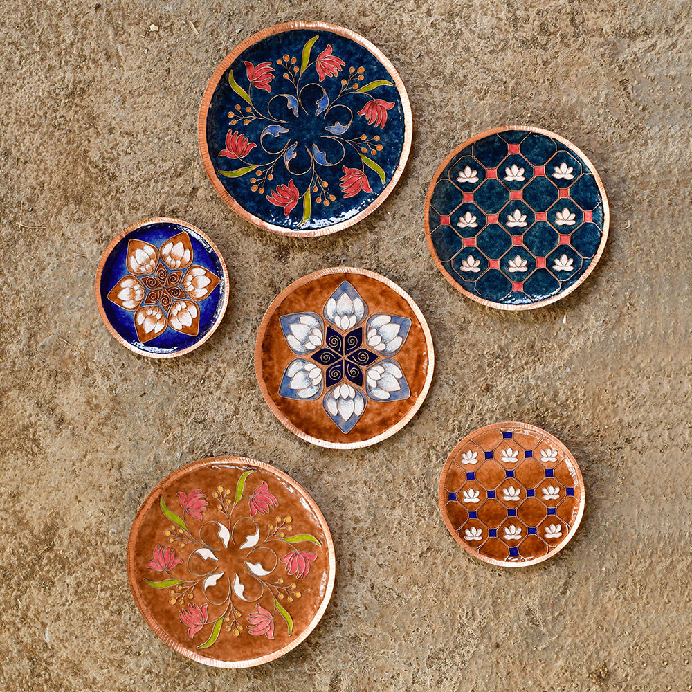Copper Enamel Wall Plate "Blue Swirling lotus"