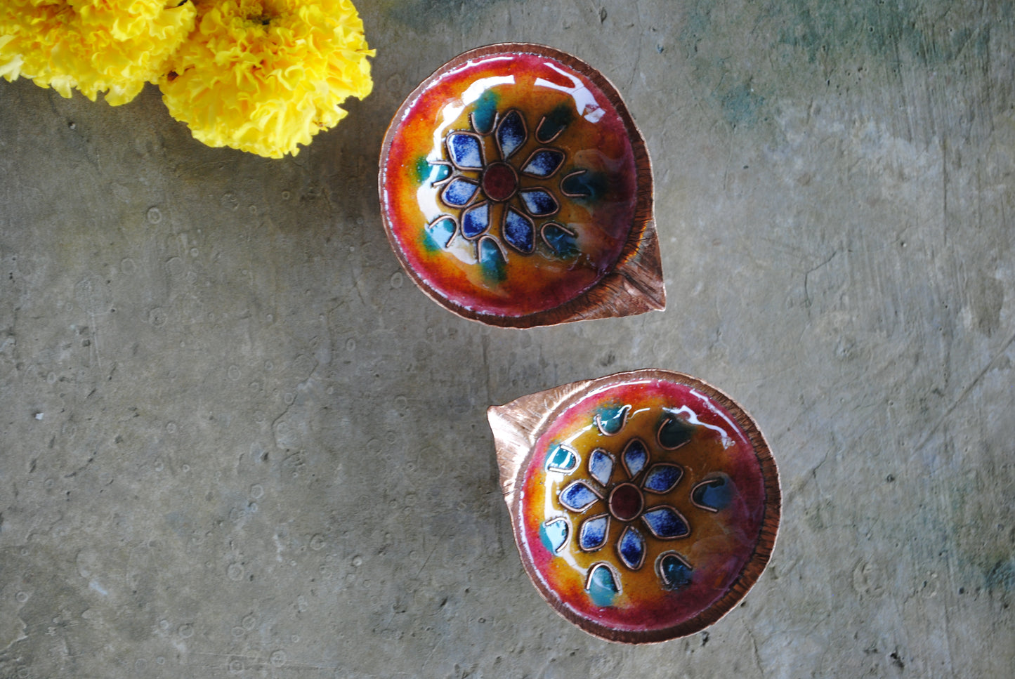 Copper Enamel Diya : Set 2 (Orange)