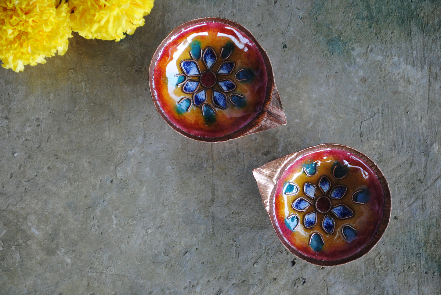 Copper Enamel Diya : Set 2 (Orange)