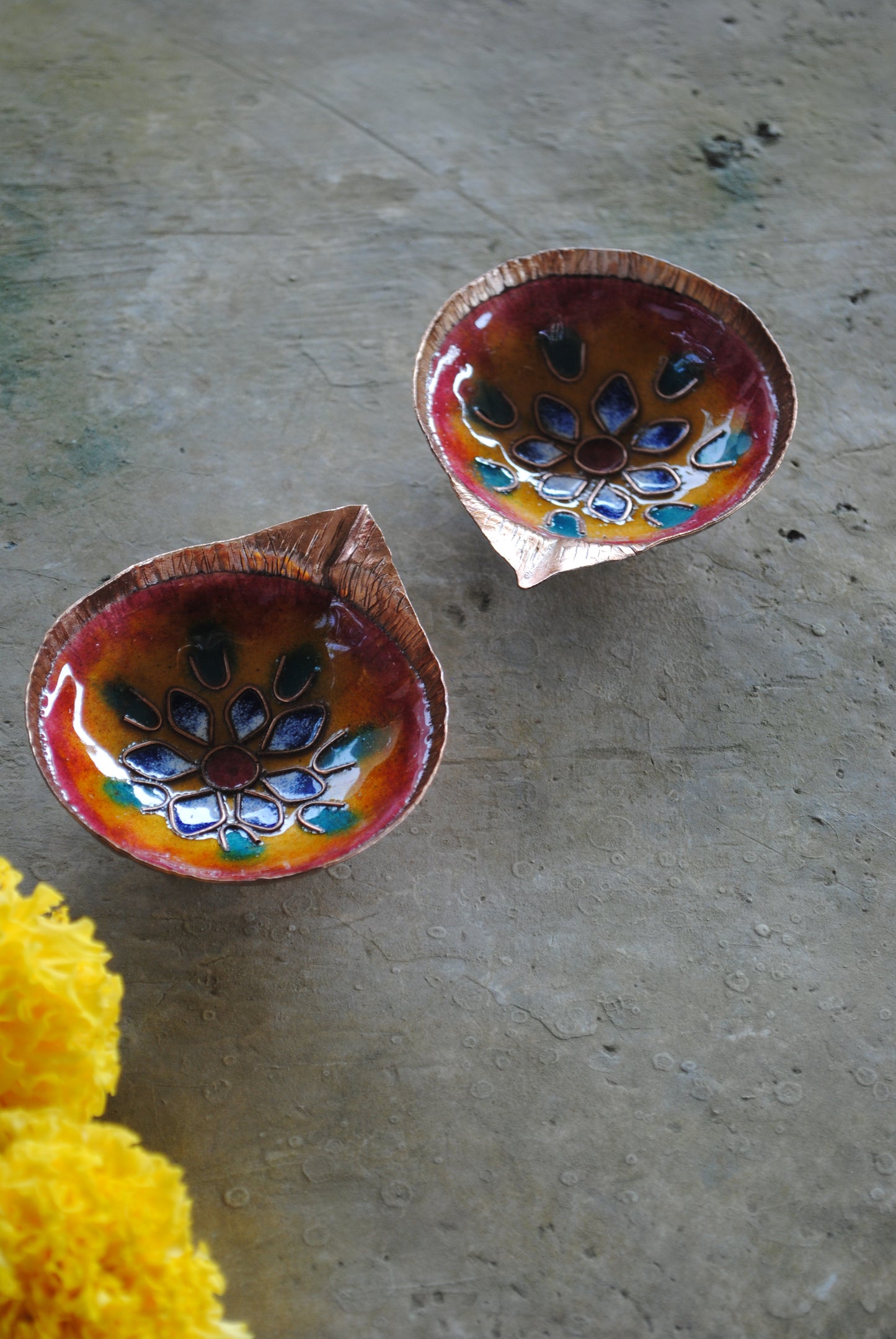 Copper Enamel Diya : Set 2 (Orange)
