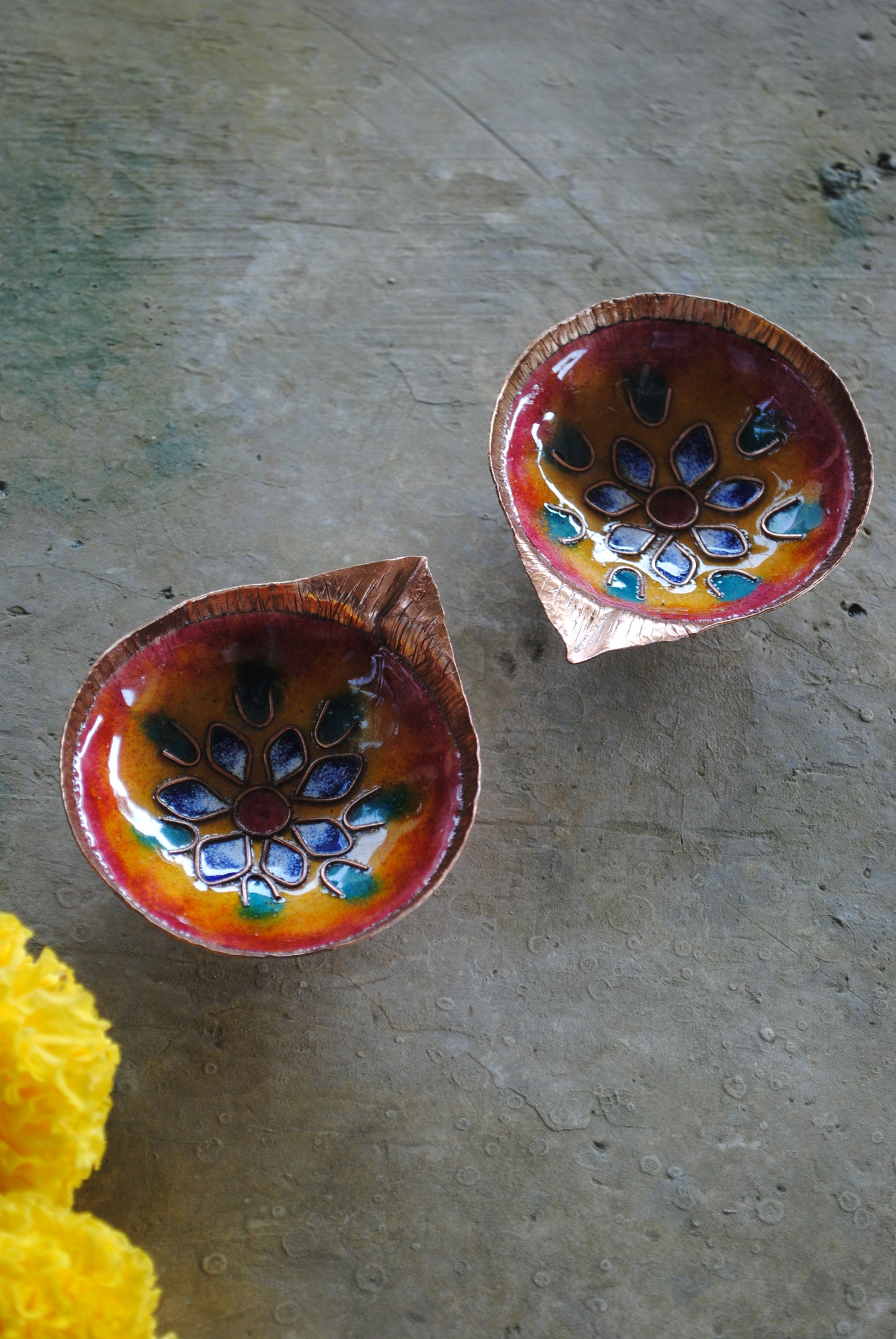 Copper Enamel Diya : Set 2 (Orange)