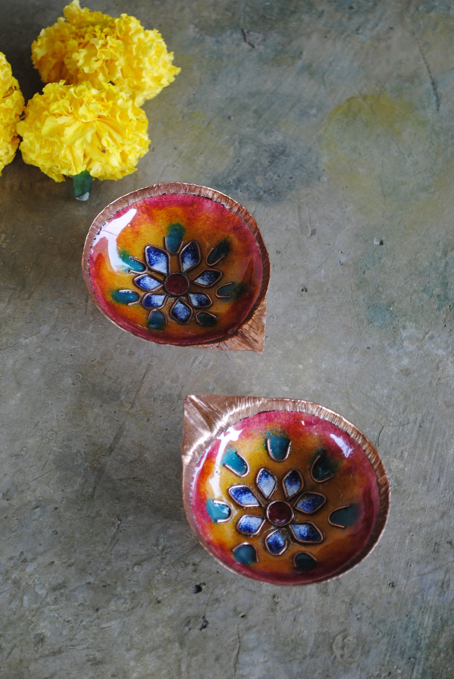 Copper Enamel Diya : Set 2 (Orange)