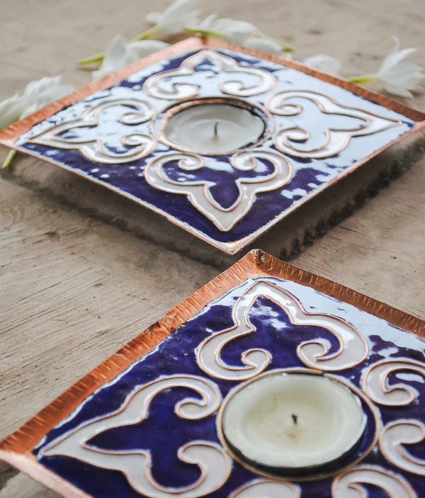 Rangoli Square Tealight Holder : Set of 2 (Blue)