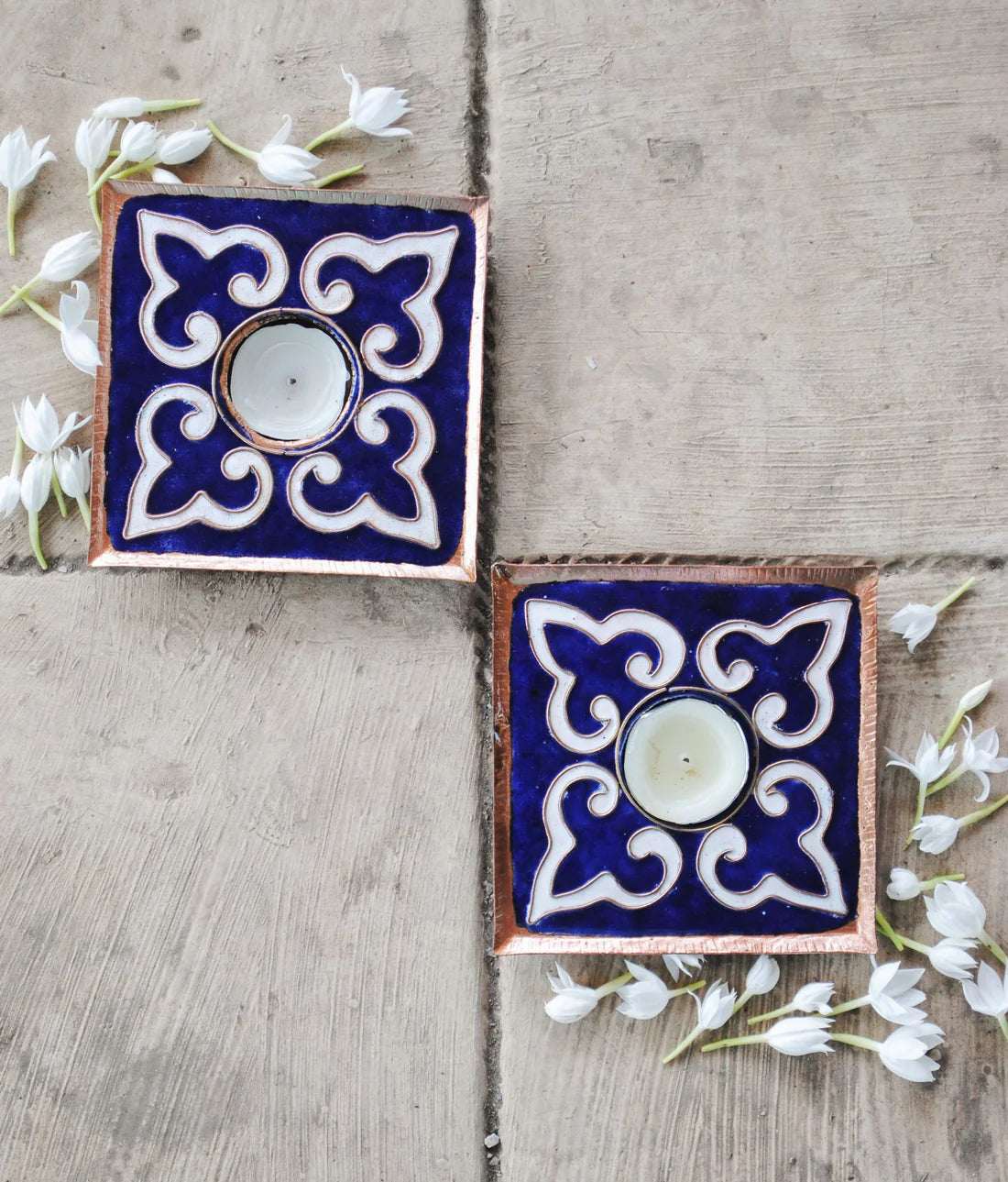Rangoli Square Tealight Holder : Set of 2 (Blue)