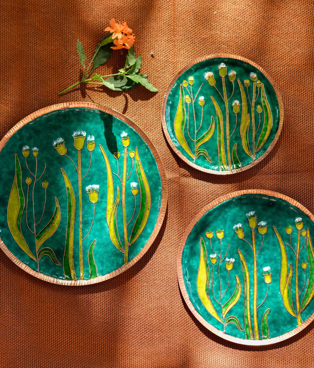 Copper Enamel Wall Plate "Gardens of Vishwakarma, Greens -Emilia"