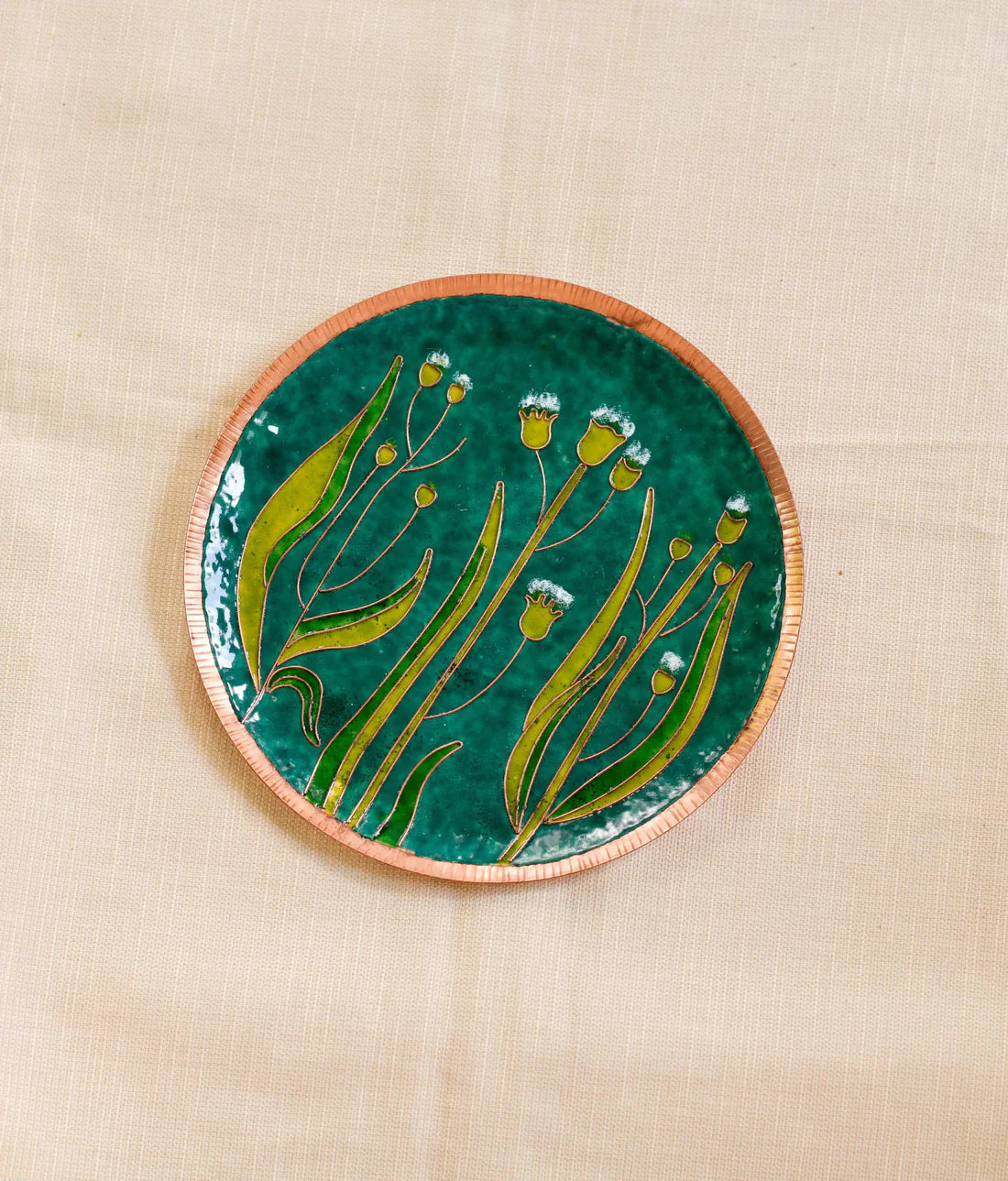 Copper Enamel Wall Plate "Gardens of Vishwakarma, Greens -Emilia"