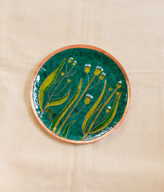 Copper Enamel Wall Plate "Gardens of Vishwakarma, Greens -Emilia"