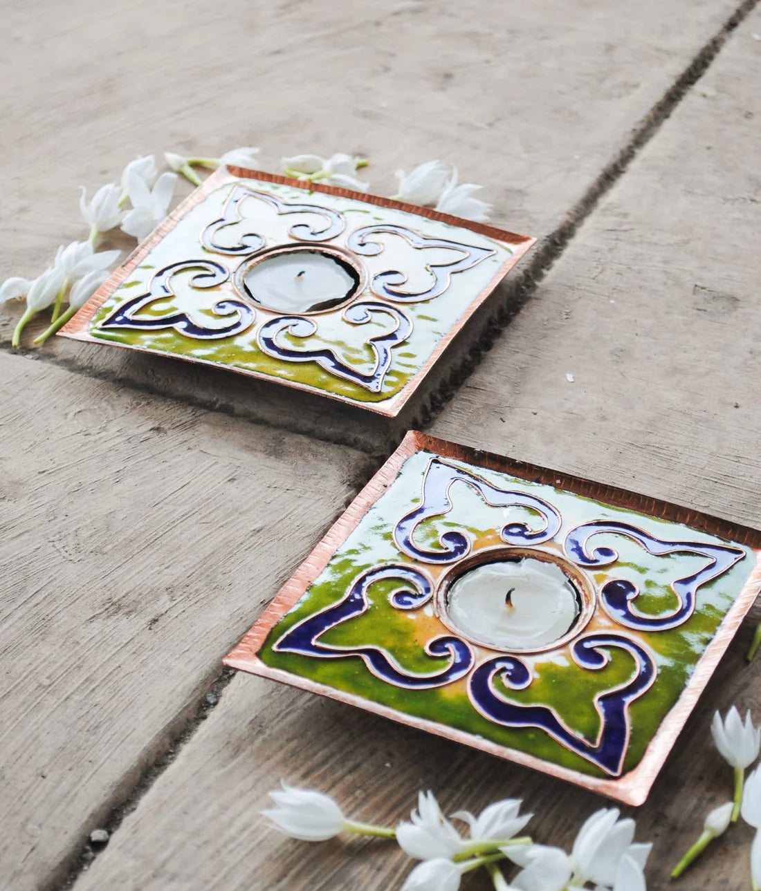 Rangoli Square Tealight Holder : Set of 2 (Parrot Green)