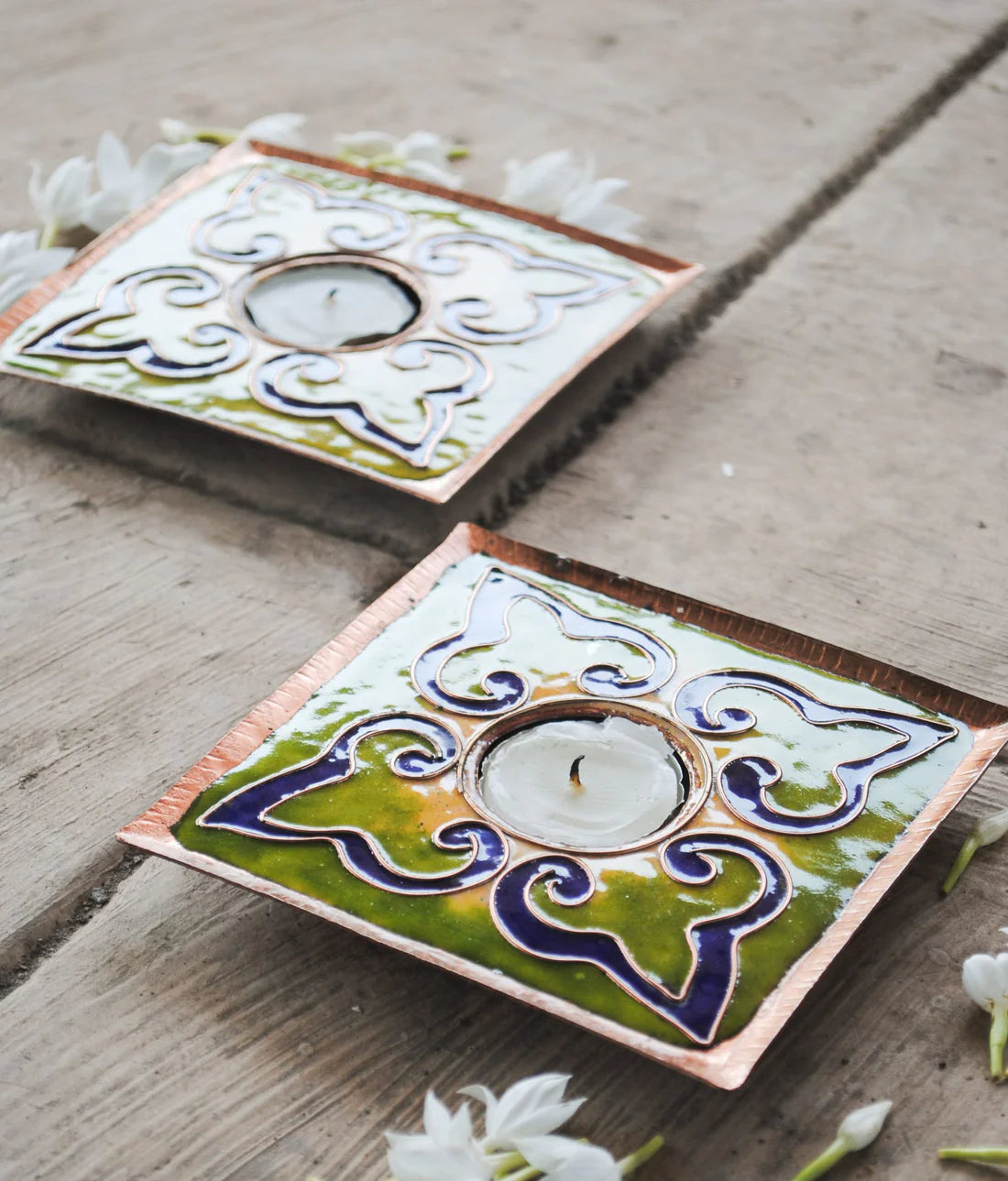 Rangoli Square Tealight Holder : Set of 2 (Parrot Green)