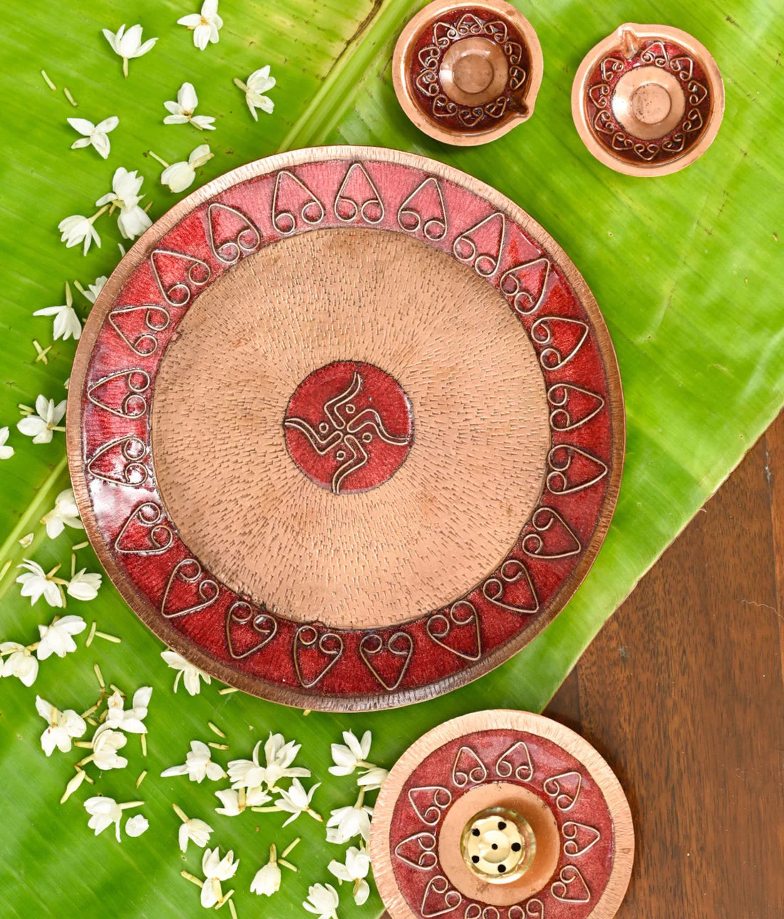 Archana Pooja Thali, Diya & Agarbatti Stand Combo : Red