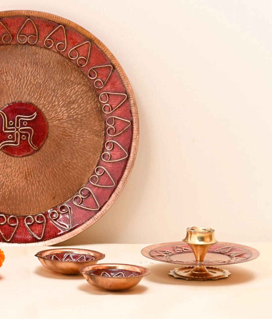 Archana Pooja Thali, Diya & Agarbatti Stand Combo : Red