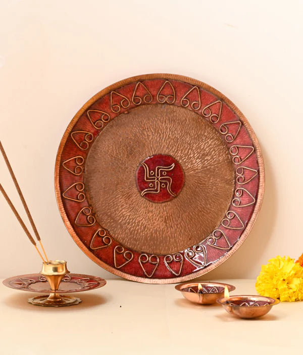 Archana Pooja Thali, Diya & Agarbatti Stand Combo : Red