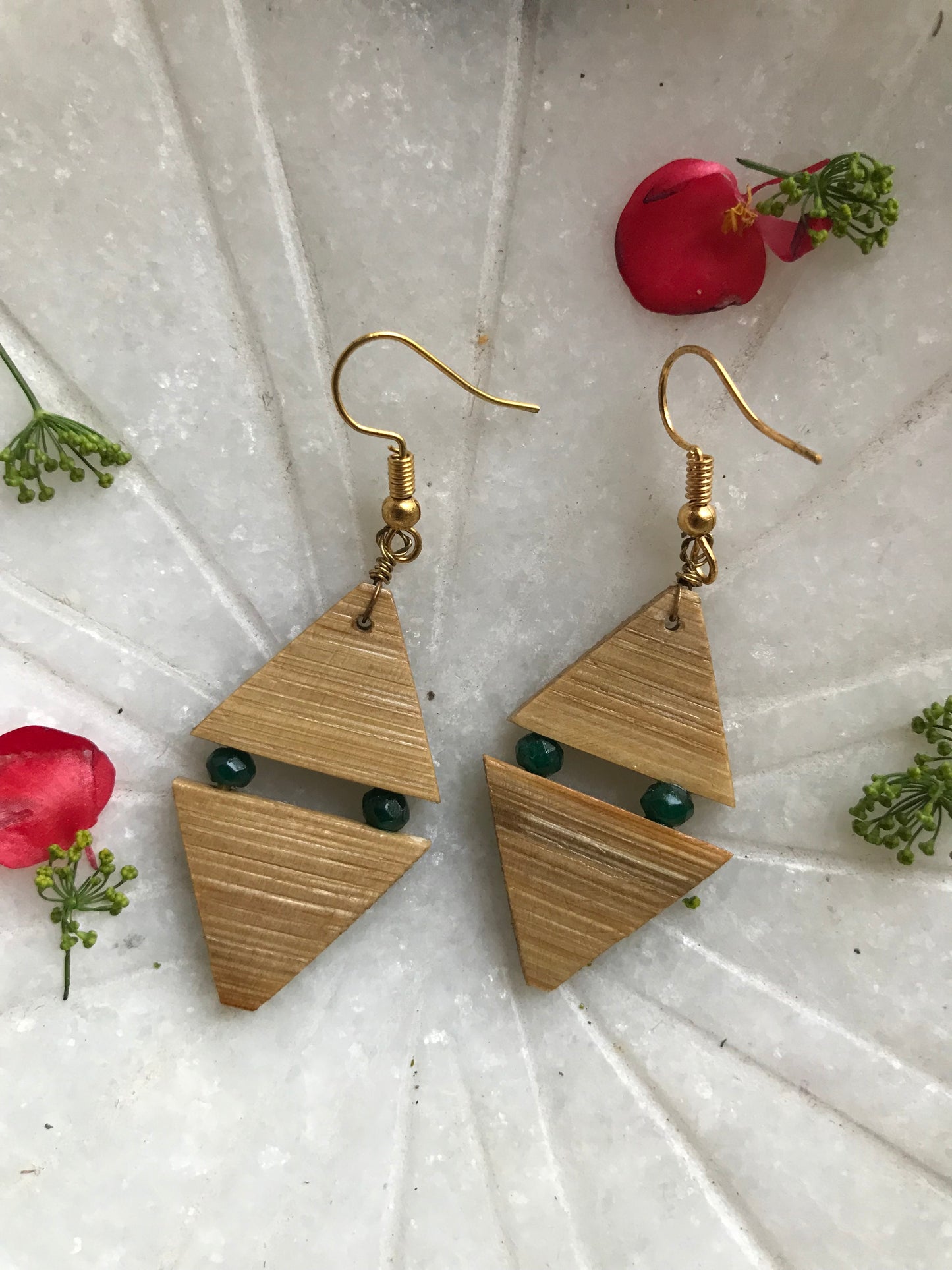 Handcrafted Bamboo Double Triangle Earrings (Green)