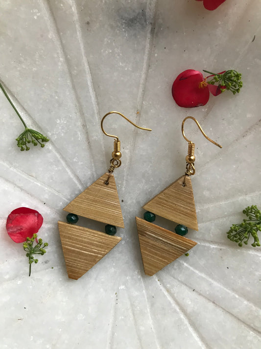 Handcrafted Bamboo Double Triangle Earrings (Green)