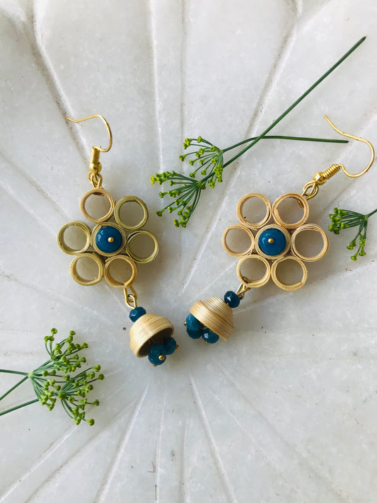 Handcrafted Bamboo Flower Jhumki Earrings (Blue)