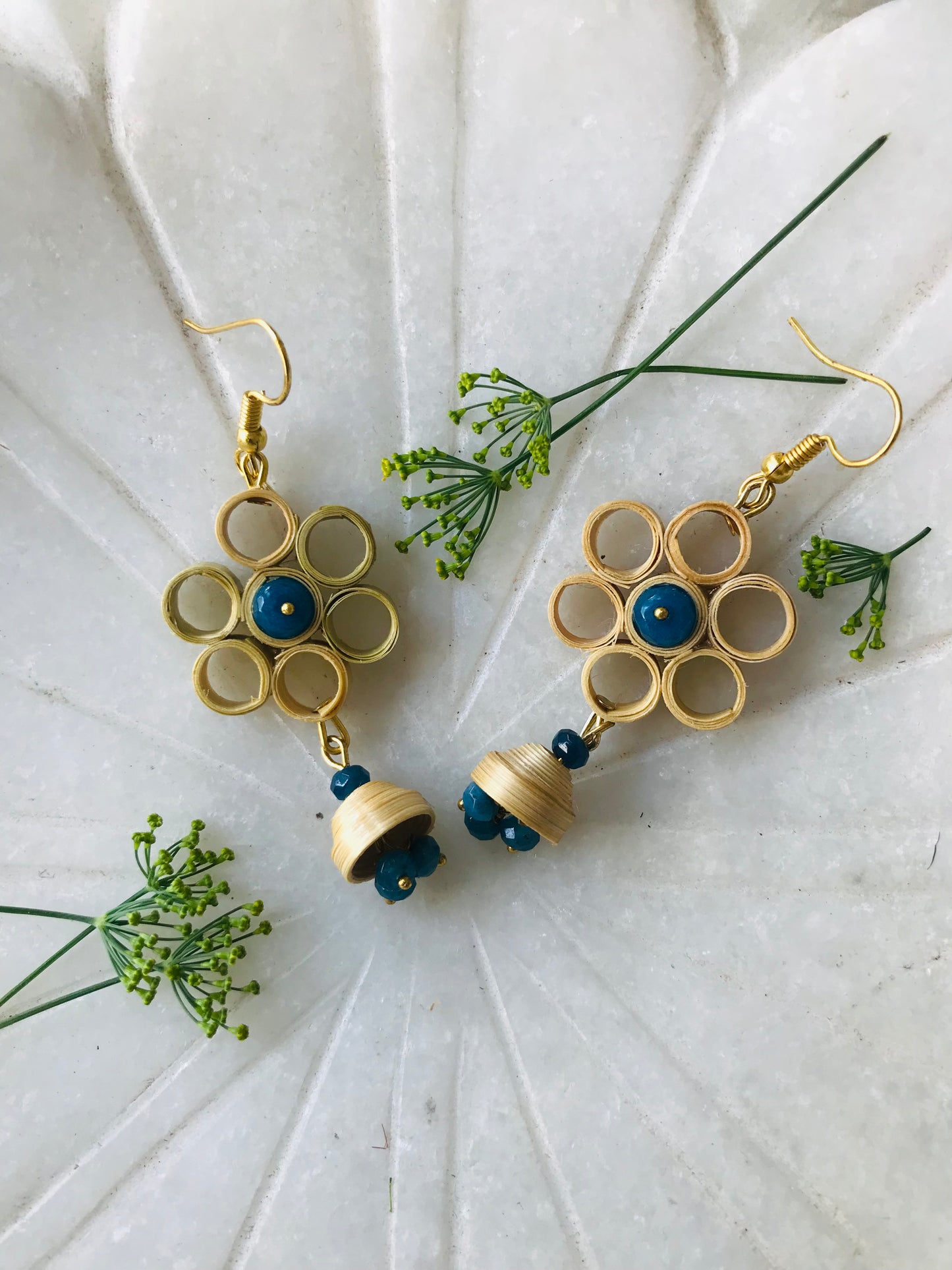 Handcrafted Bamboo Flower Jhumki Earrings (Blue)