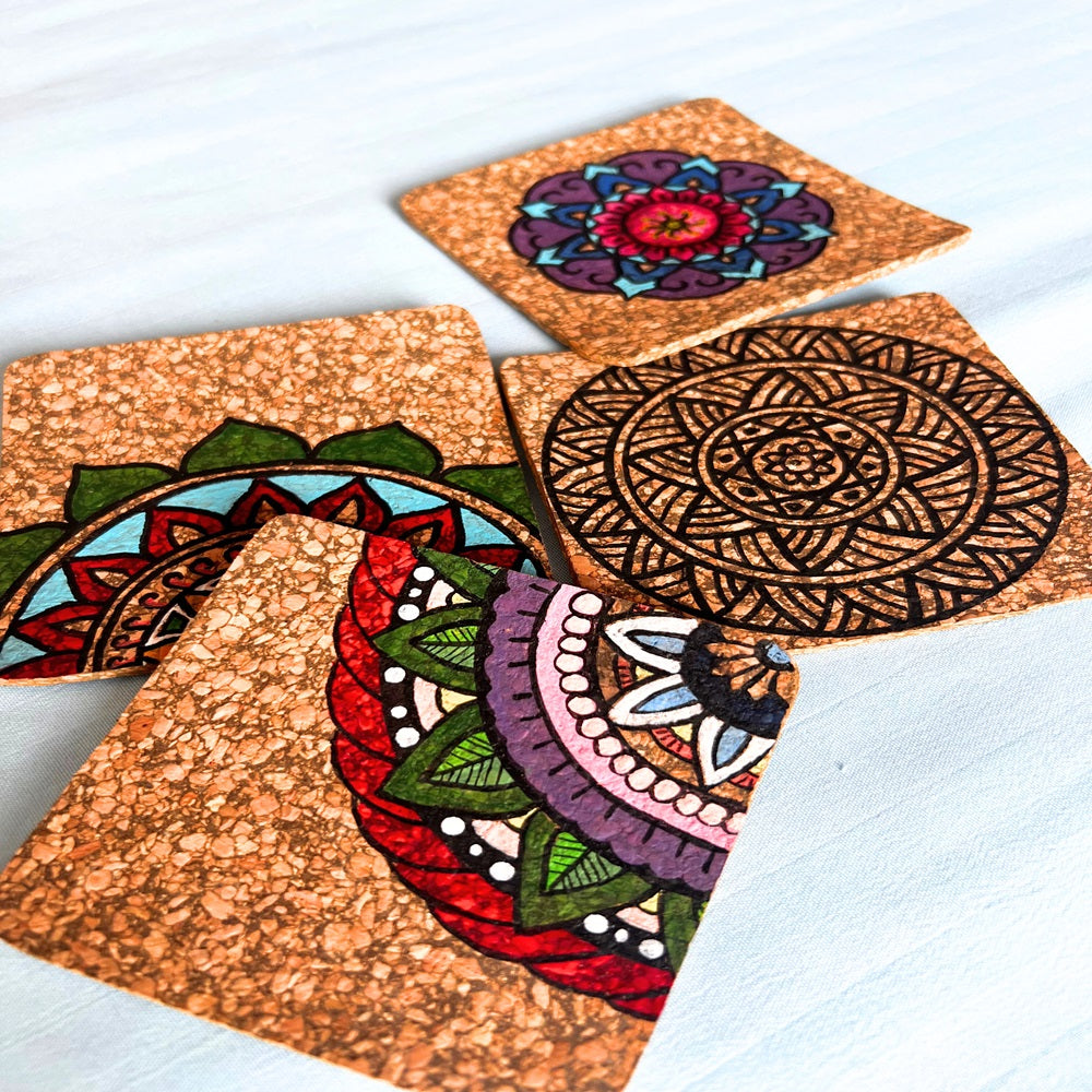 Hand Painted Cork Coasters - Black Colour Design (Set Of 4)