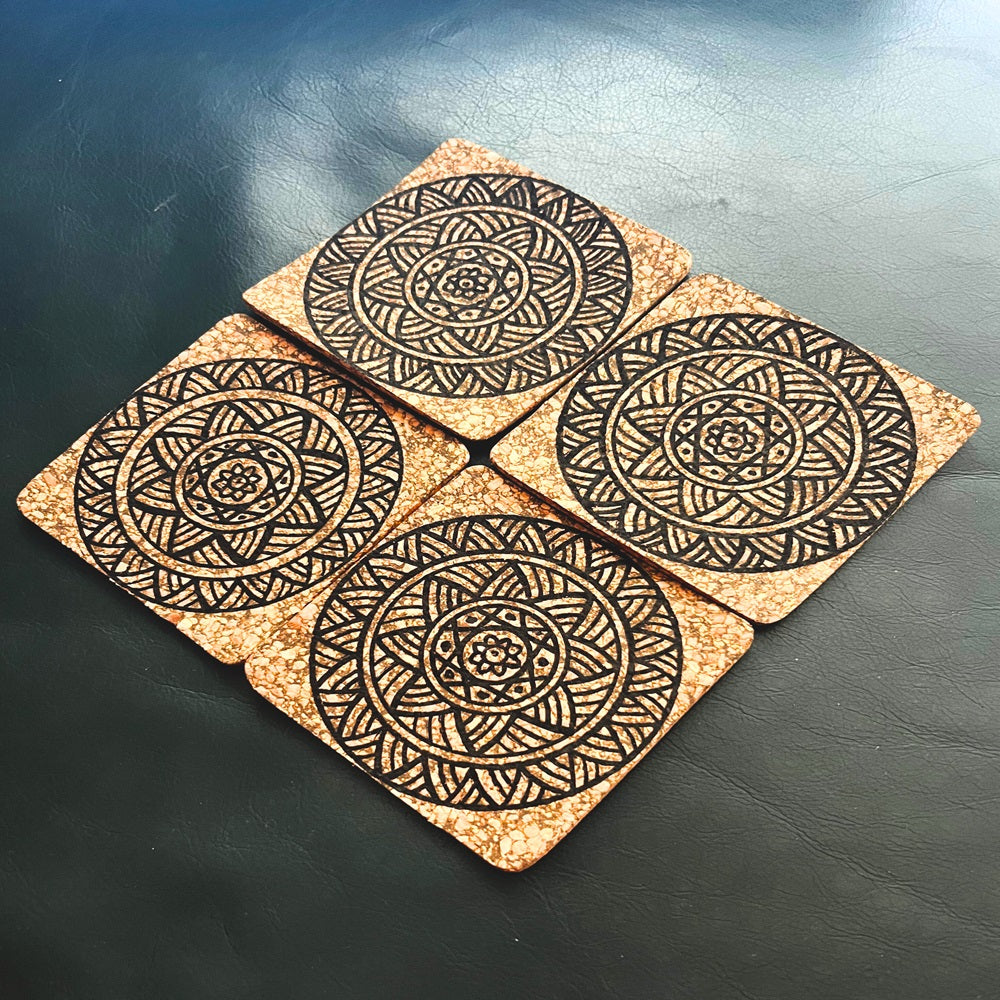 Hand Painted Cork Coasters - Black Colour Design (Set Of 4)