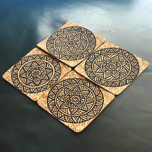 Hand Painted Cork Coasters - Black Colour Design (Set Of 4)