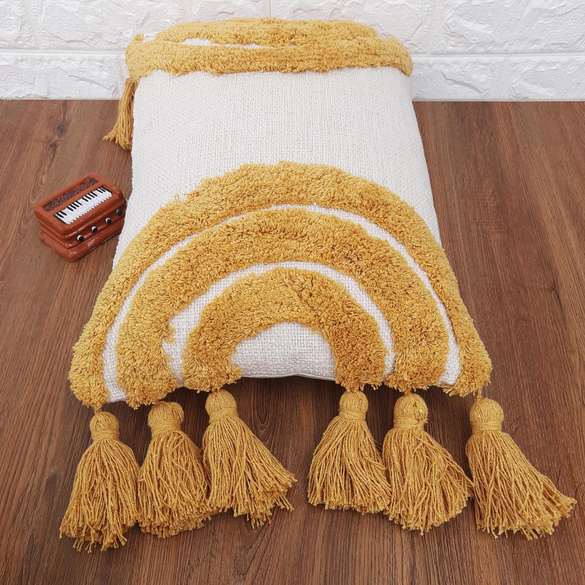 Ivory & Mustard Yellow Tufted Boho Textured Cotton cushion cover