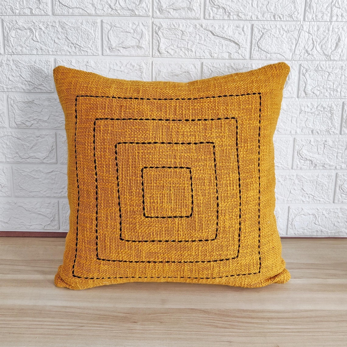 Mustard Yellow Kantha Cotton Square Design Cushion Cover
