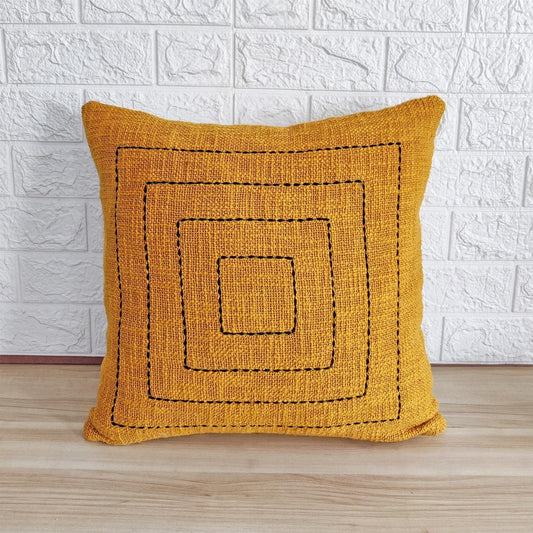 Mustard Yellow Kantha Cotton Square Design Cushion Cover