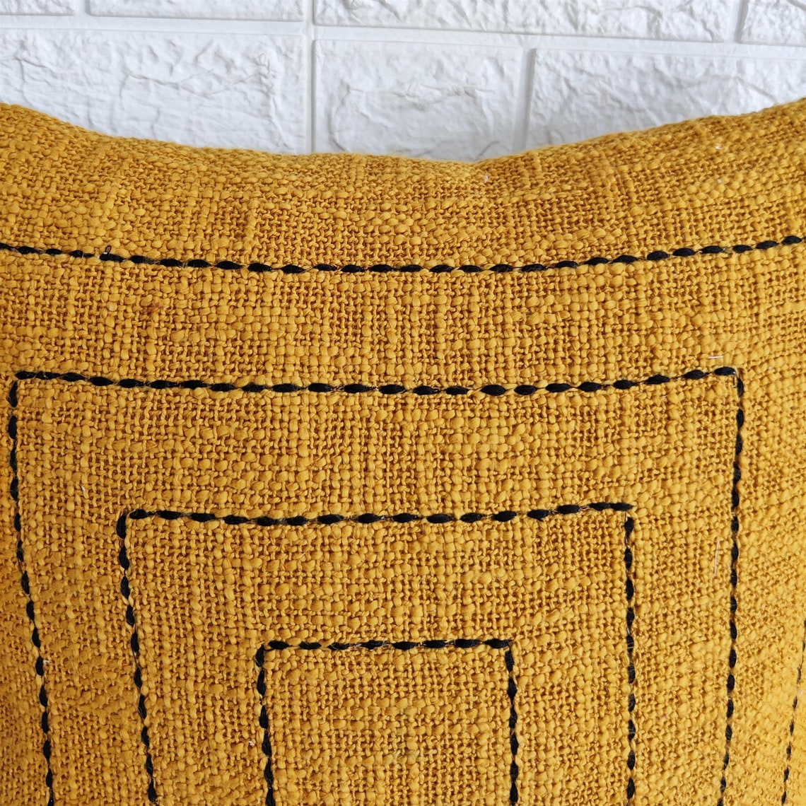 Mustard Yellow Kantha Cotton Square Design Cushion Cover